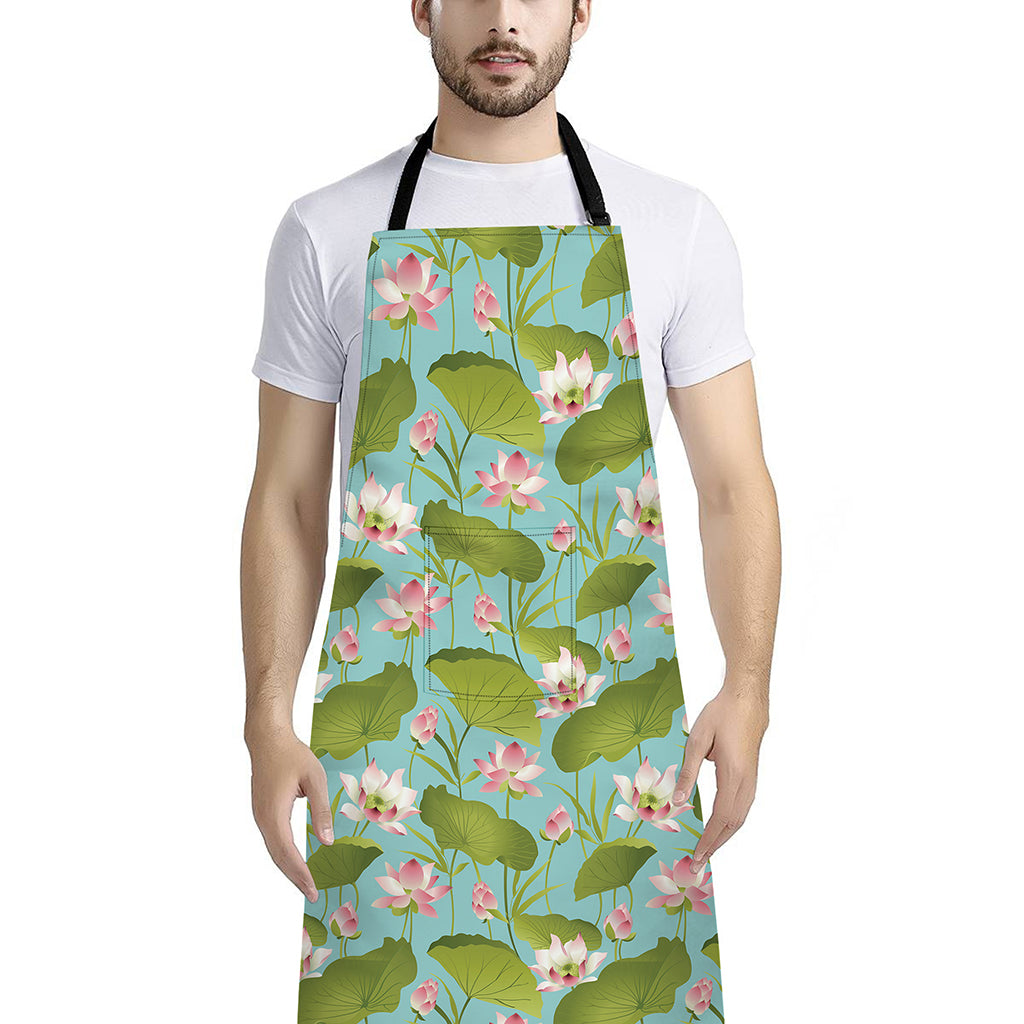 Pink Lotus Pattern Print Bib Apron With Pocket