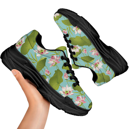 Pink Lotus Pattern Print Black Chunky Shoes