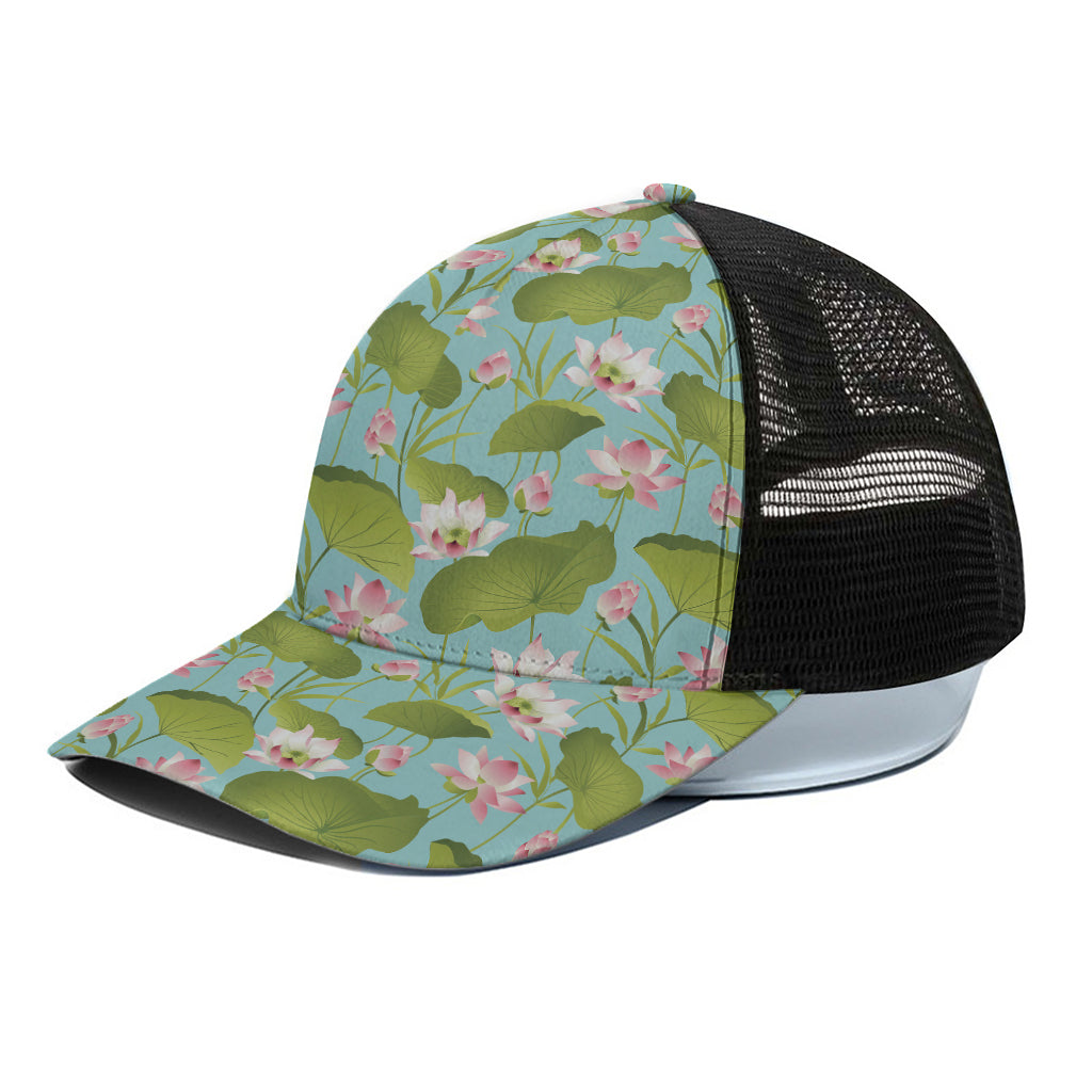 Pink Lotus Pattern Print Black Mesh Trucker Cap