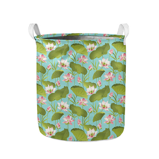 Pink Lotus Pattern Print Collapsible Laundry Basket