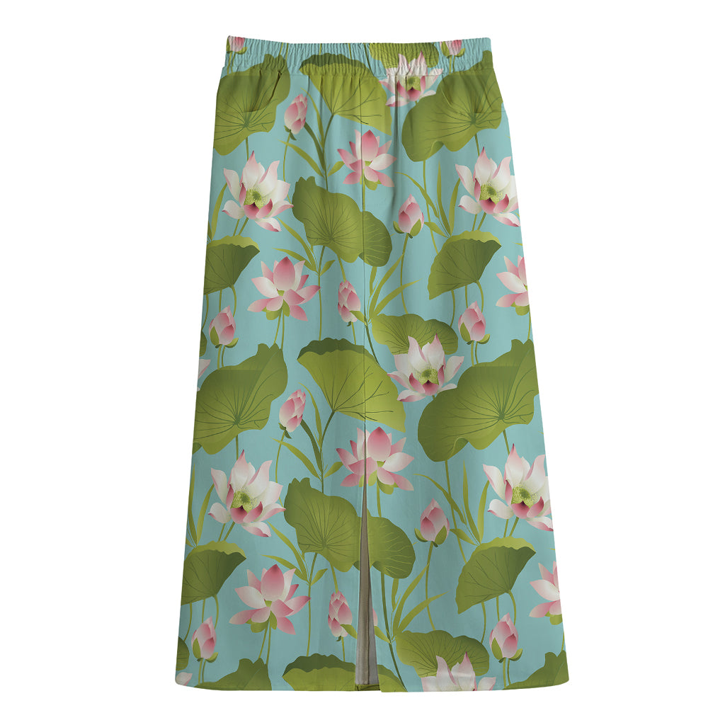 Pink Lotus Pattern Print Cotton Front Slit Maxi Skirt