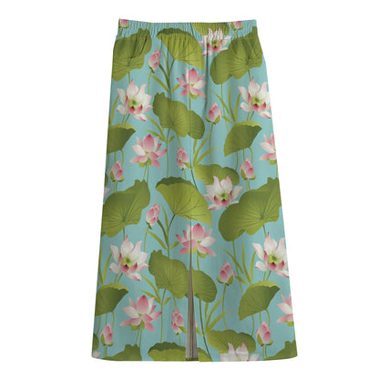 Pink Lotus Pattern Print Cotton Front Slit Maxi Skirt