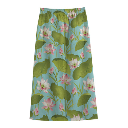 Pink Lotus Pattern Print Cotton Front Slit Maxi Skirt