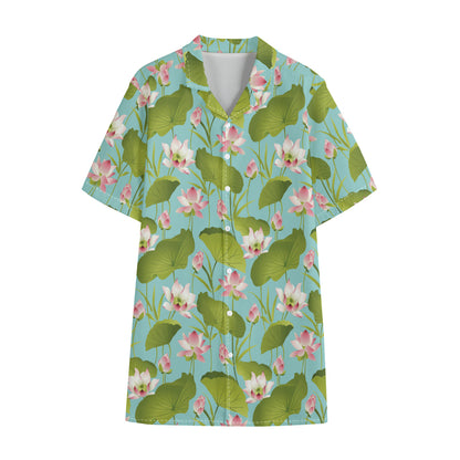 Pink Lotus Pattern Print Cotton Hawaiian Shirt