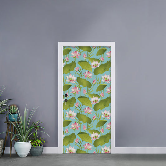 Pink Lotus Pattern Print Door Sticker