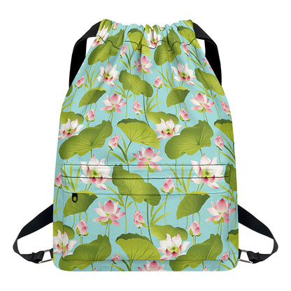 Pink Lotus Pattern Print Drawstring Backpack