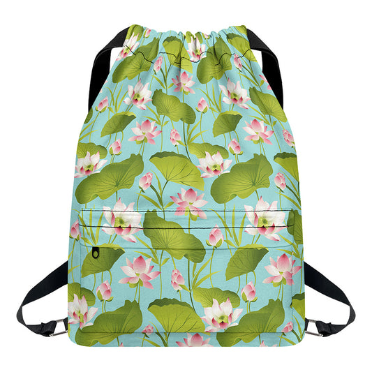 Pink Lotus Pattern Print Drawstring Backpack