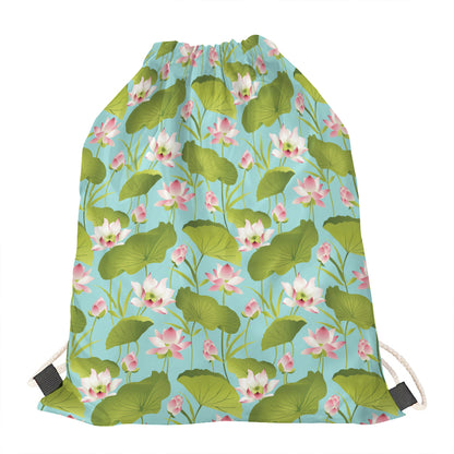 Pink Lotus Pattern Print Drawstring Bag