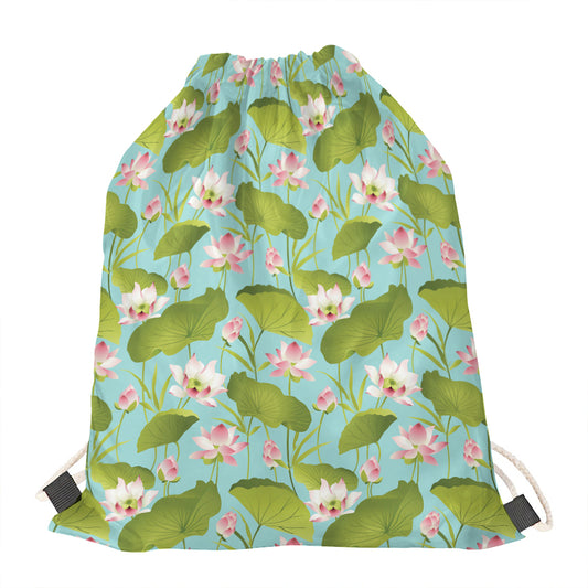 Pink Lotus Pattern Print Drawstring Bag