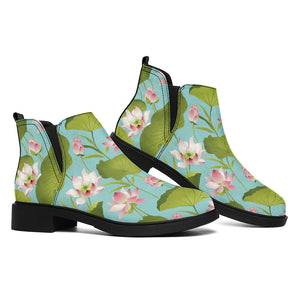 Pink Lotus Pattern Print Flat Ankle Boots