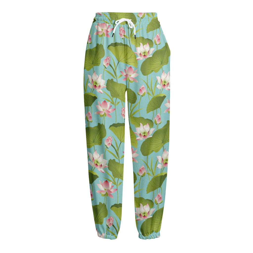 Pink Lotus Pattern Print Fleece Lined Knit Pants