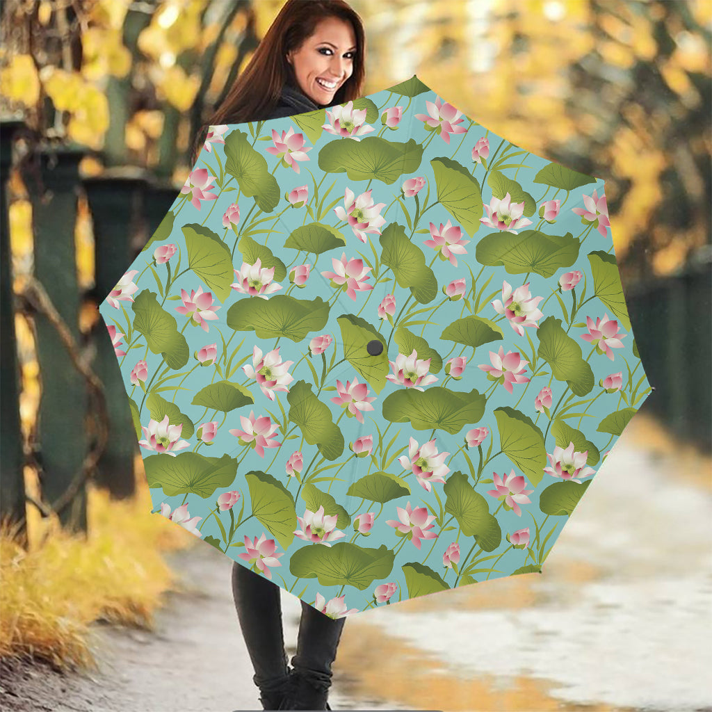 Pink Lotus Pattern Print Foldable Umbrella