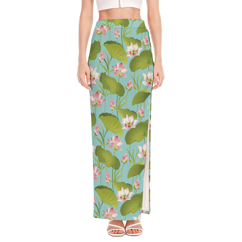Pink Lotus Pattern Print High Slit Maxi Skirt