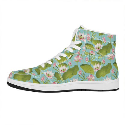 Pink Lotus Pattern Print High Top Leather Sneakers