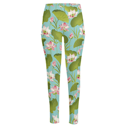 Pink Lotus Pattern Print High-Waisted Pocket Leggings