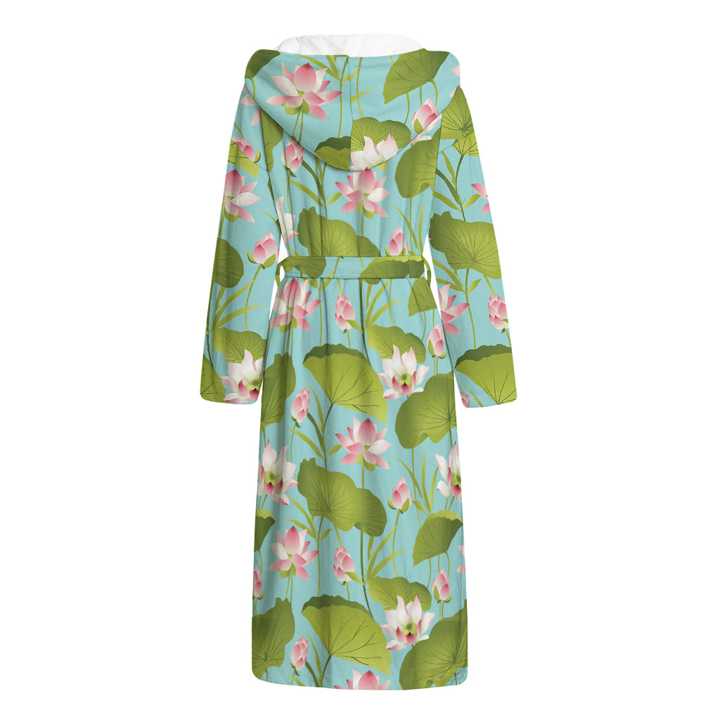 Pink Lotus Pattern Print Hooded Bathrobe
