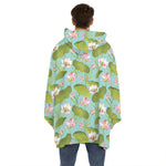 Pink Lotus Pattern Print Hoodie Blanket