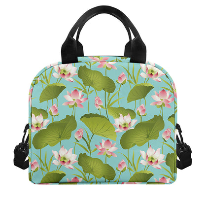 Pink Lotus Pattern Print Insulated Lunch Bag