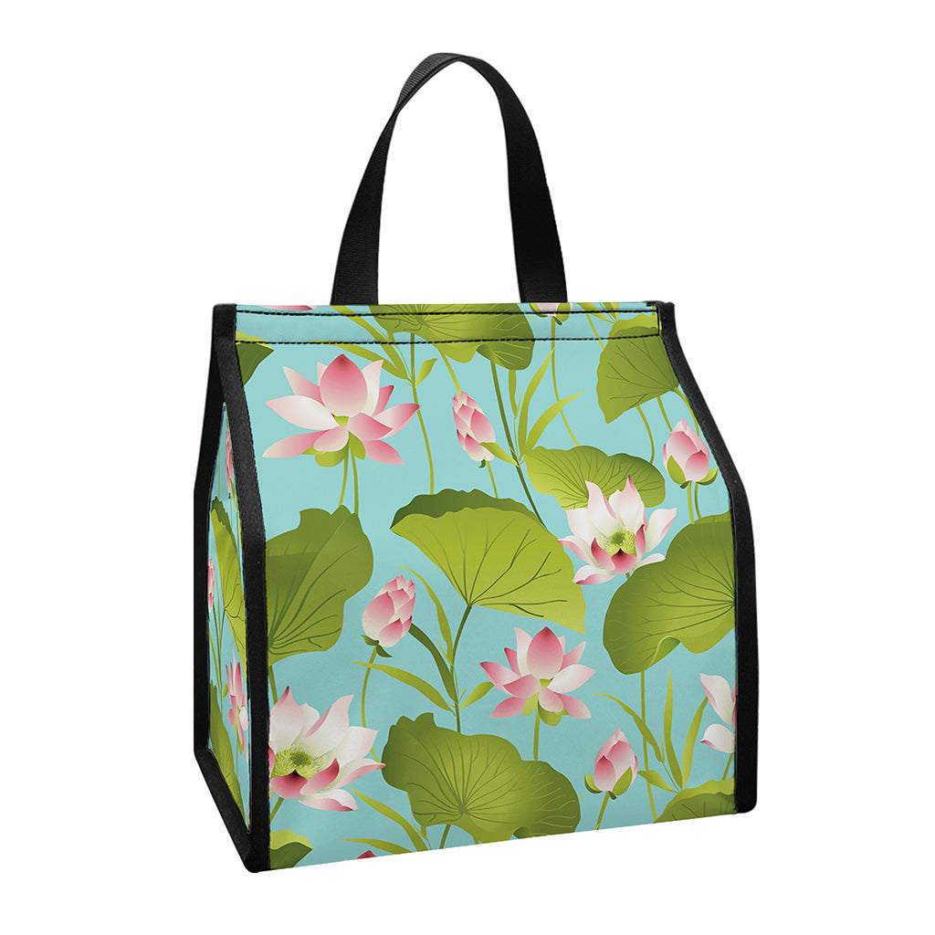 Pink Lotus Pattern Print Insulated Lunch Tote