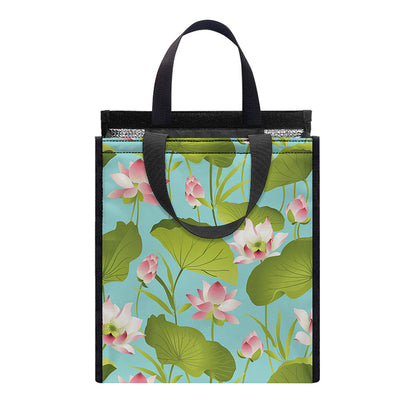 Pink Lotus Pattern Print Insulated Lunch Tote