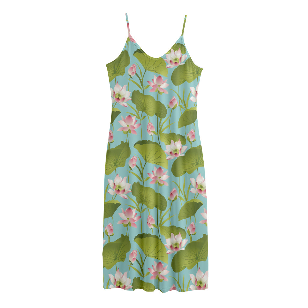 Pink Lotus Pattern Print Jersey Midi Cami Dress