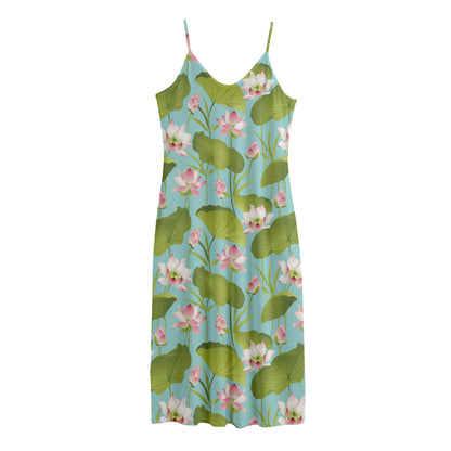 Pink Lotus Pattern Print Jersey Midi Cami Dress