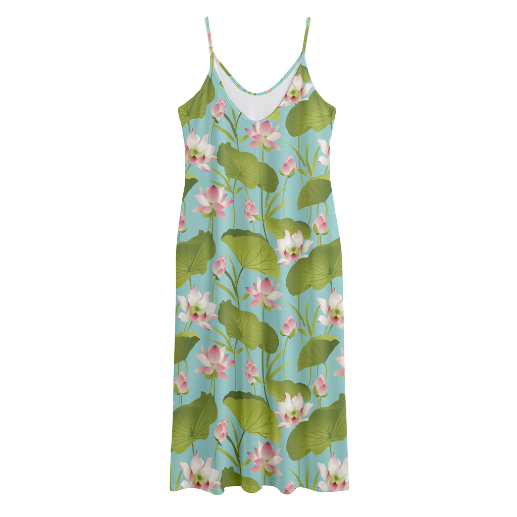 Pink Lotus Pattern Print Jersey Midi Cami Dress