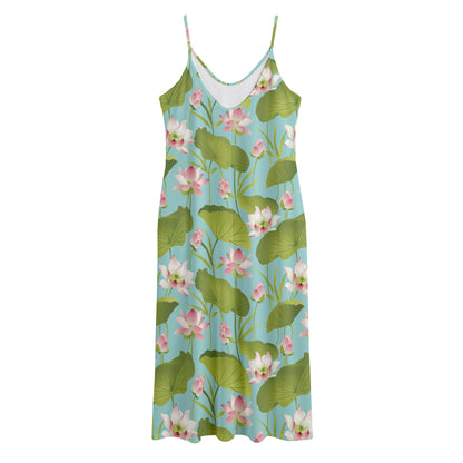 Pink Lotus Pattern Print Jersey Midi Cami Dress