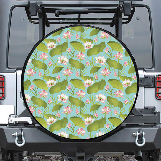 Pink Lotus Pattern Print Leather Spare Tire Cover