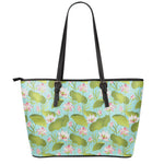 Pink Lotus Pattern Print Leather Tote Bag