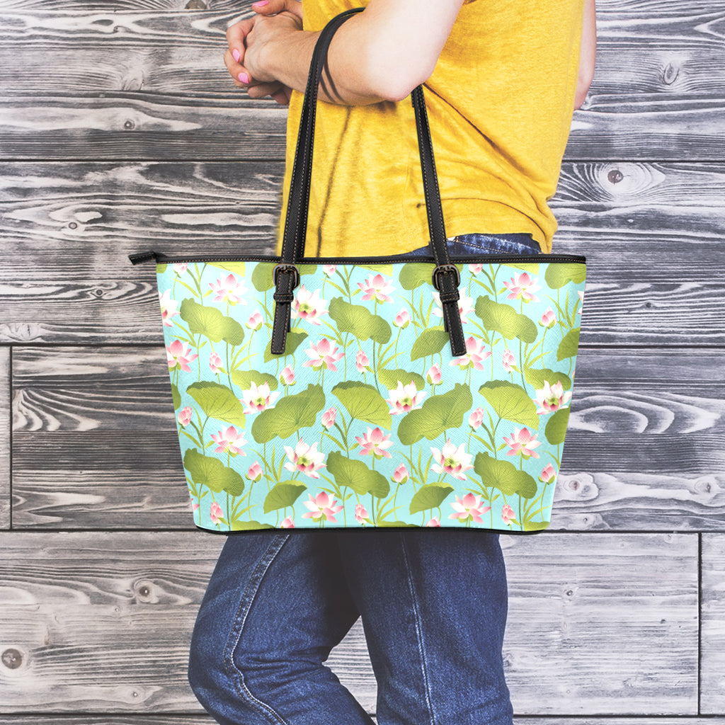 Pink Lotus Pattern Print Leather Tote Bag