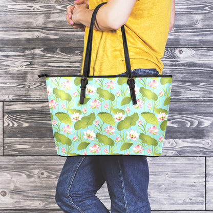 Pink Lotus Pattern Print Leather Tote Bag