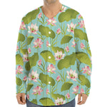 Pink Lotus Pattern Print Long Sleeve Baseball Jersey