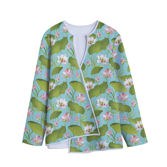 Pink Lotus Pattern Print Long Sleeve Short Coat