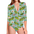 Pink Lotus Pattern Print Long Sleeve Swimsuit