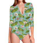 Pink Lotus Pattern Print Long Sleeve Swimsuit