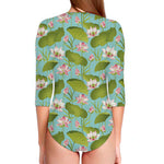 Pink Lotus Pattern Print Long Sleeve Swimsuit