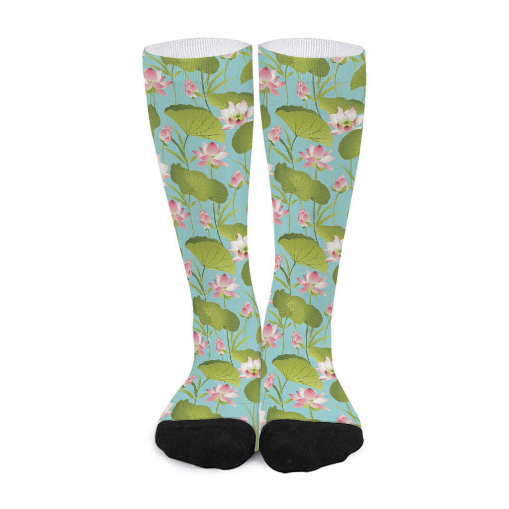 Pink Lotus Pattern Print Long Socks