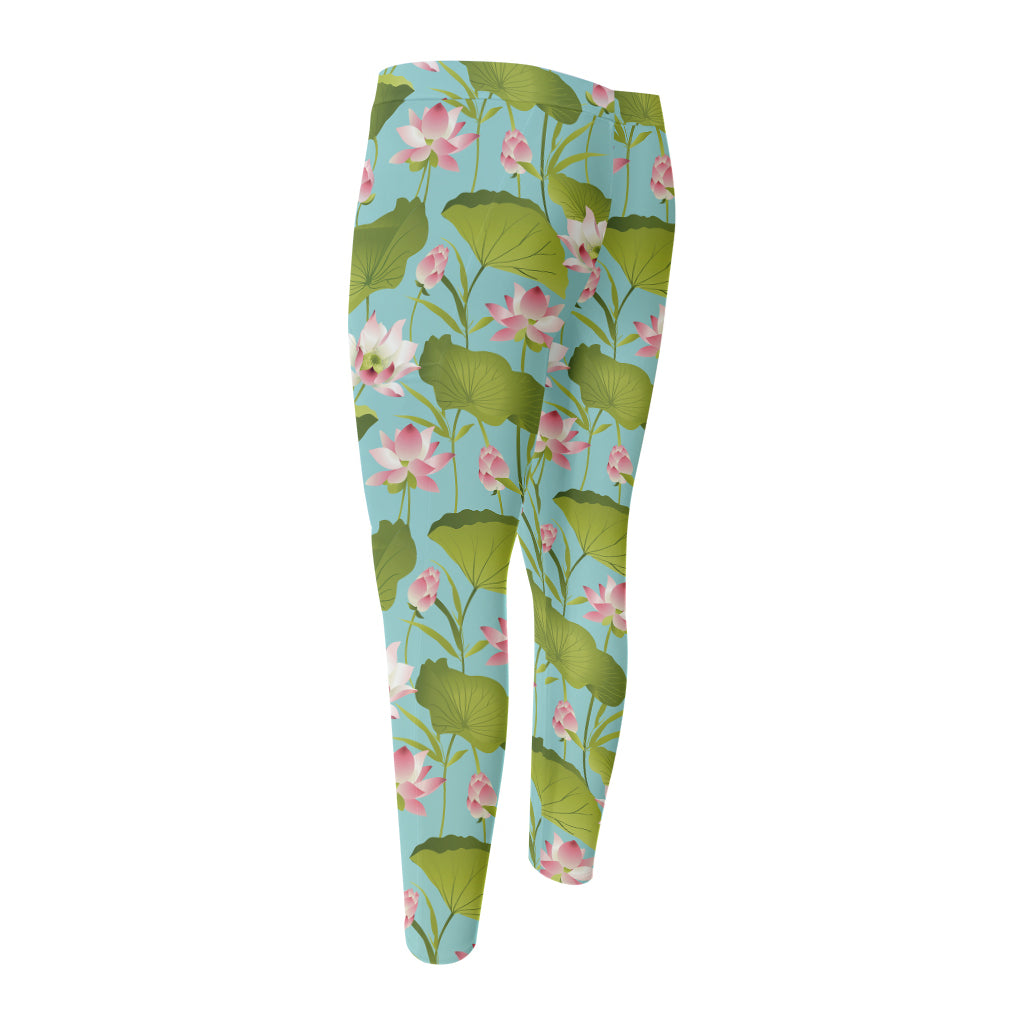 Pink Lotus Pattern Print Men's Compression Pants