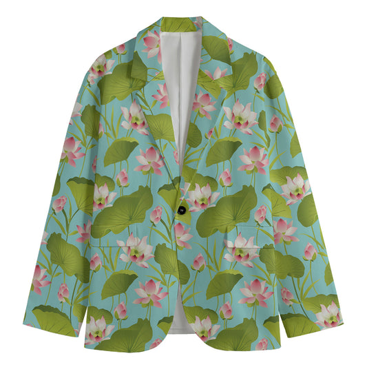 Pink Lotus Pattern Print Men's Cotton Blazer