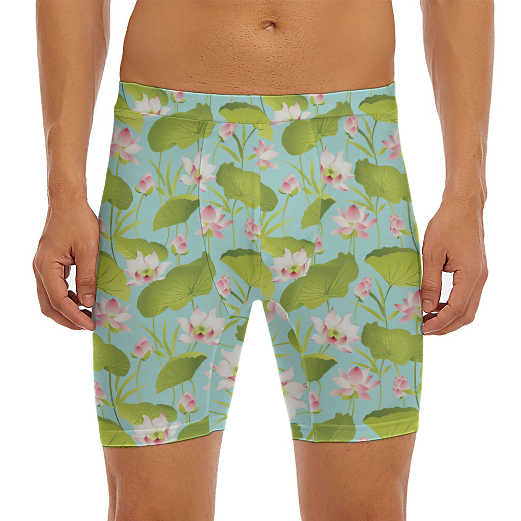 Pink Lotus Pattern Print Men's Long Boxer Briefs