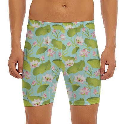 Pink Lotus Pattern Print Men's Long Boxer Briefs