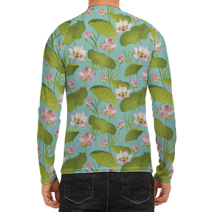 Pink Lotus Pattern Print Men's Long Sleeve Rash Guard