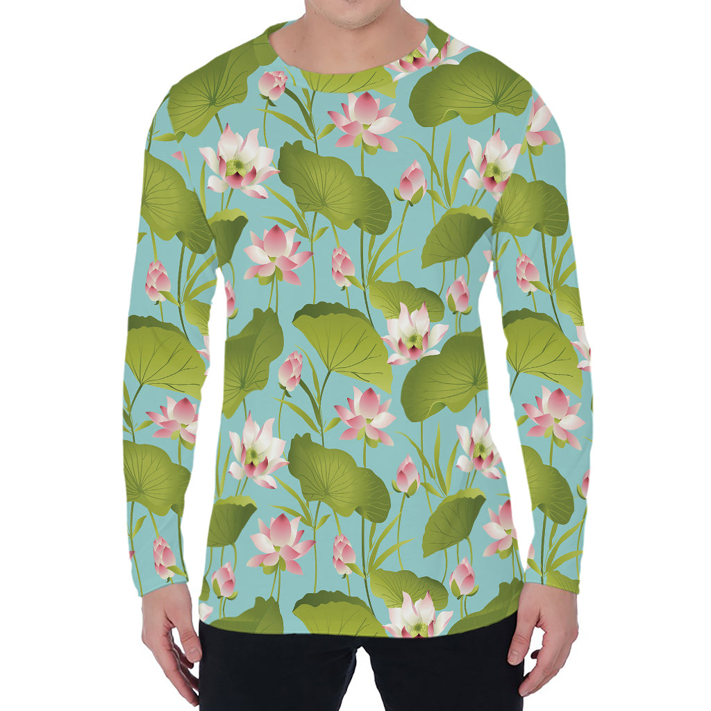 Pink Lotus Pattern Print Men's Long Sleeve T-Shirt