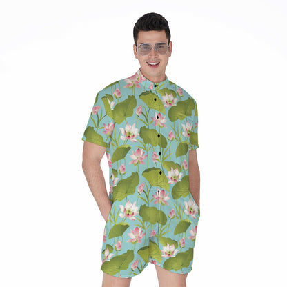 Pink Lotus Pattern Print Men's Rompers