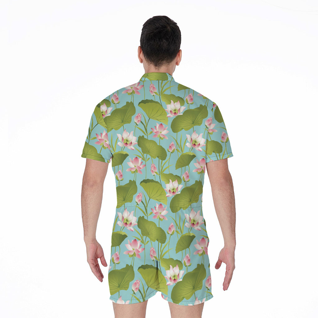 Pink Lotus Pattern Print Men's Rompers