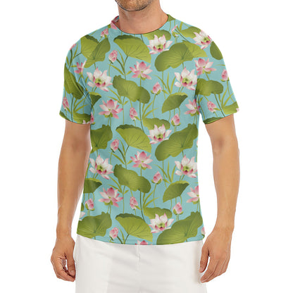 Pink Lotus Pattern Print Men's Short Sleeve Rash Guard