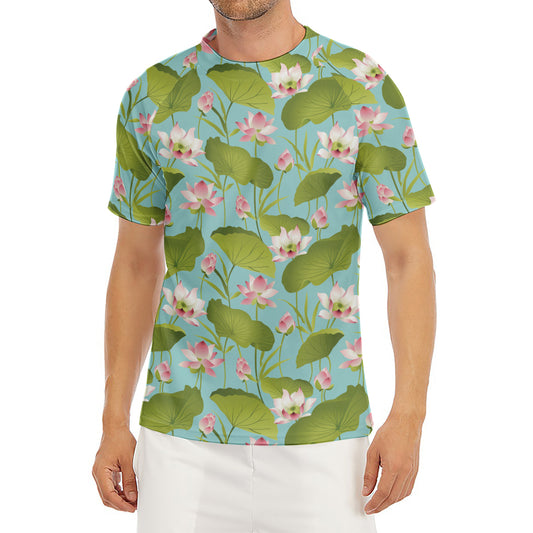 Pink Lotus Pattern Print Men's Short Sleeve Rash Guard