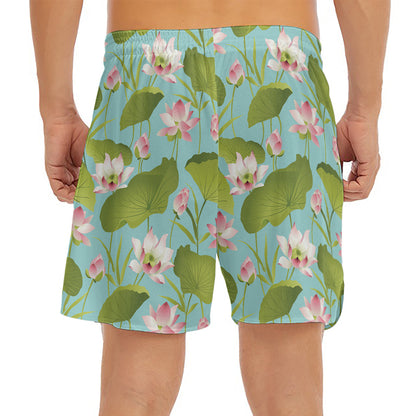 Pink Lotus Pattern Print Men's Split Running Shorts