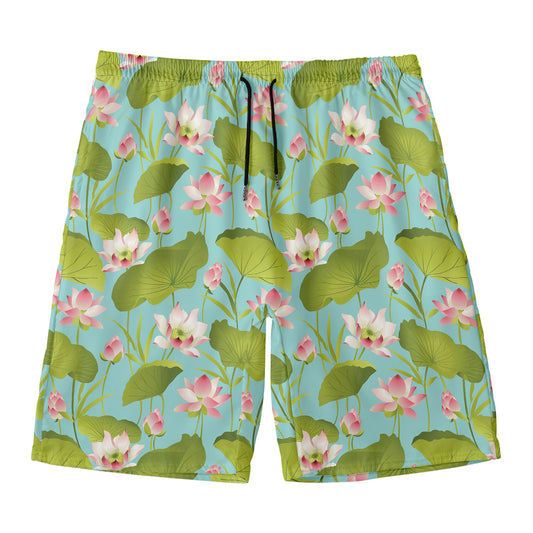 Pink Lotus Pattern Print Men's Swim Trunks